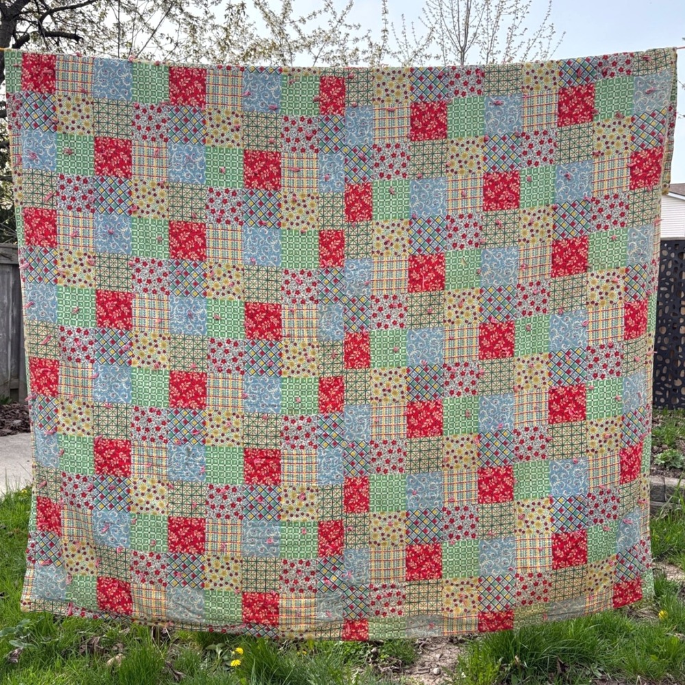 Vintage Patchwork Quilt Handmade Colorful Geometric Pattern Cottagecore 68x64